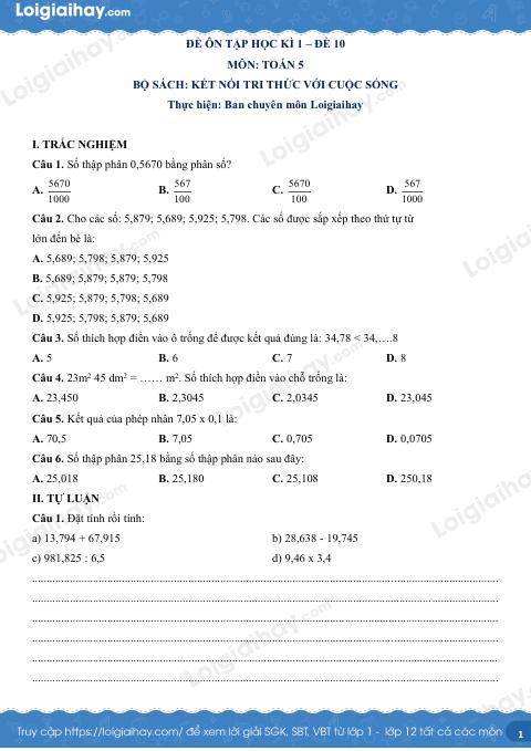 Đề kiểm tra học kì 1 Toán 5 Kết nối tri thức - Đề số 10
